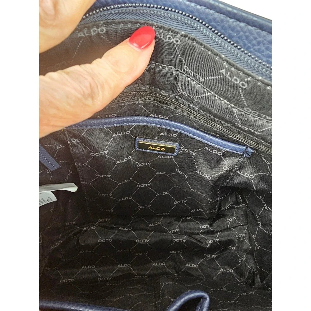 Aldo Navy Blue Pebbled Satchel Handbag Red Cream Stripe‎ Gold Hardware Tote